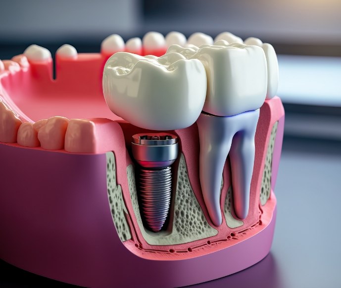 Illustration of a model showing dental implant in jaw