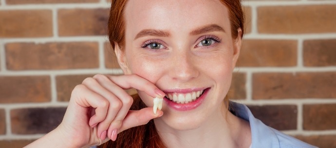 Close up of red haired woman holding a tooth and smiling after tooth extraction in Matthews